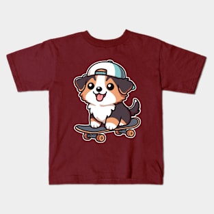 Australian Shepherd Puppy Skater Kawaii Skateboarding Dog Kids T-Shirt